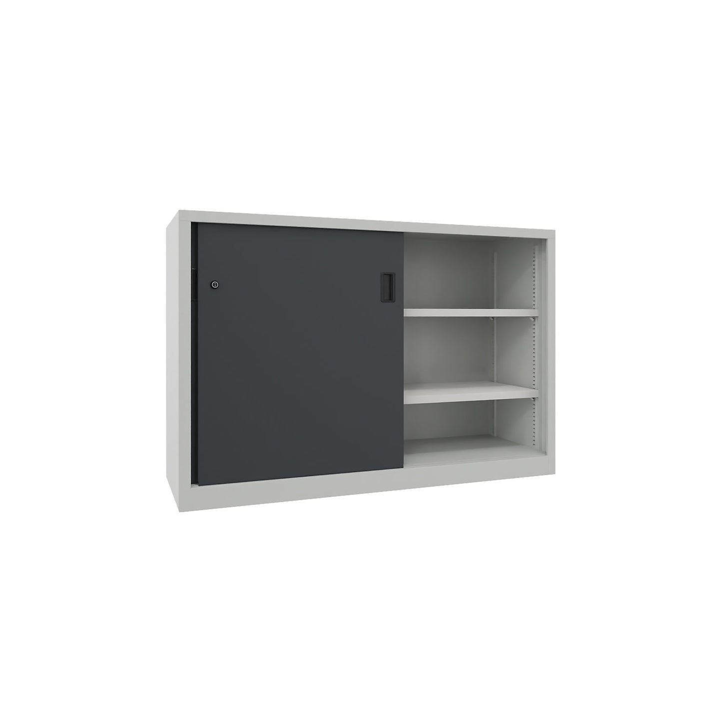 Sliding door cabinet, height 1000 mm, solid sheet metal doors, WxD 1500 x 500 mm, with divider and 2 x 2 shelves, door anthracite.