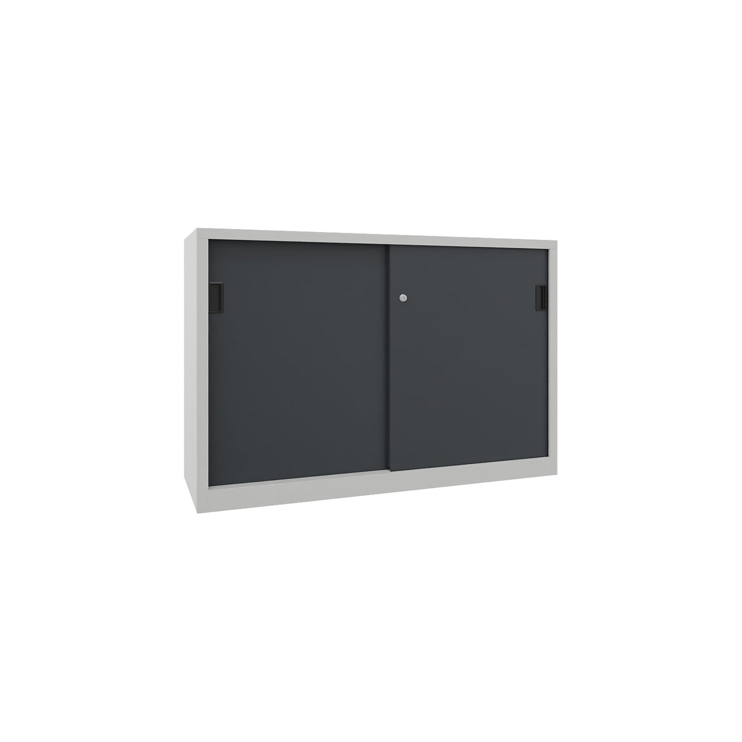 Sliding door cabinet, height 1000 mm, solid sheet metal doors, WxD 1500 x 500 mm, with divider and 2 x 2 shelves, door anthracite.