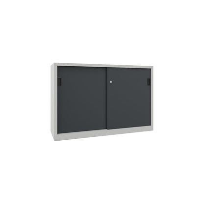 Sliding door cabinet, height 1000 mm, solid sheet metal doors, WxD 1500 x 500 mm, with divider and 2 x 2 shelves, door anthracite.