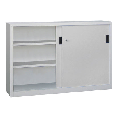 Sliding door cabinet, height 1000 mm, solid sheet metal doors, WxD 1500 x 600 mm, with divider and 2 x 2 shelves, door light grey.