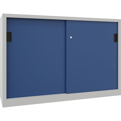 Sliding door cabinet, height 1000 mm, solid sheet metal doors, WxD 1500 x 600 mm, with divider and 2 x 2 shelves, door gentian blue.