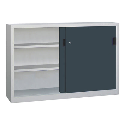 Sliding door cabinet, height 1000 mm, solid sheet metal doors, WxD 1500 x 600 mm, with divider and 2 x 2 shelves, door anthracite.
