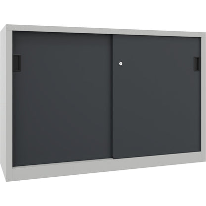 Sliding door cabinet, height 1000 mm, solid sheet metal doors, WxD 1500 x 600 mm, with divider and 2 x 2 shelves, door anthracite.
