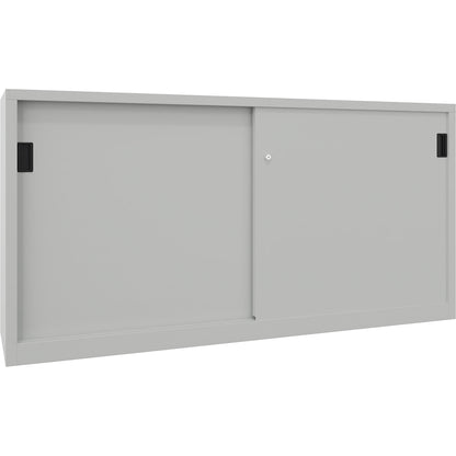 Sliding door cabinet, height 1000 mm, solid sheet metal doors, WxD 2000 x 400 mm, with divider and 2 x 2 shelves, door light grey.