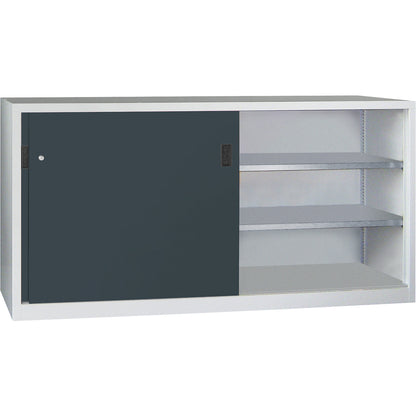 Sliding door cabinet, height 1000 mm, solid sheet metal doors, WxD 2000 x 400 mm, with divider and 2 x 2 shelves, anthracite door.
