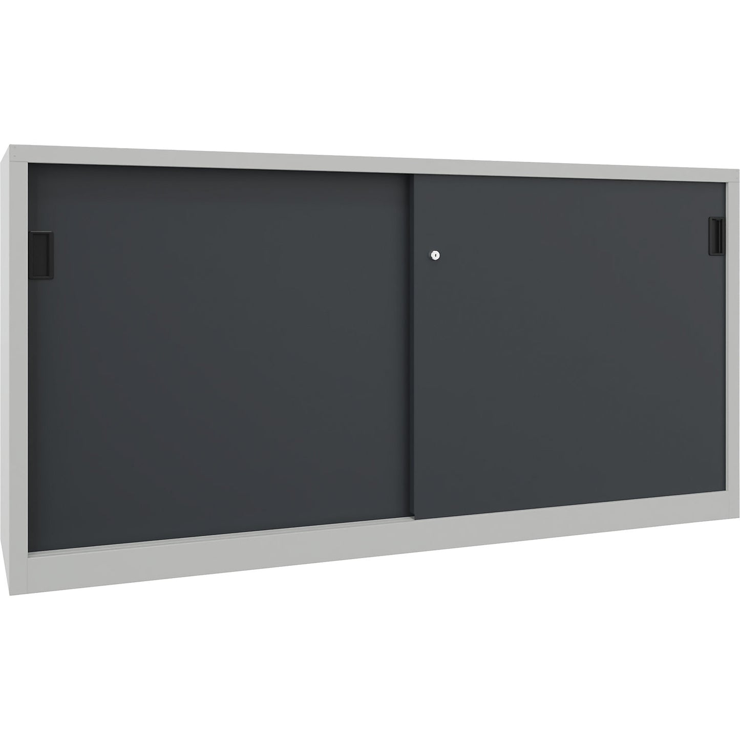 Sliding door cabinet, height 1000 mm, solid sheet metal doors, WxD 2000 x 400 mm, with divider and 2 x 2 shelves, anthracite door.