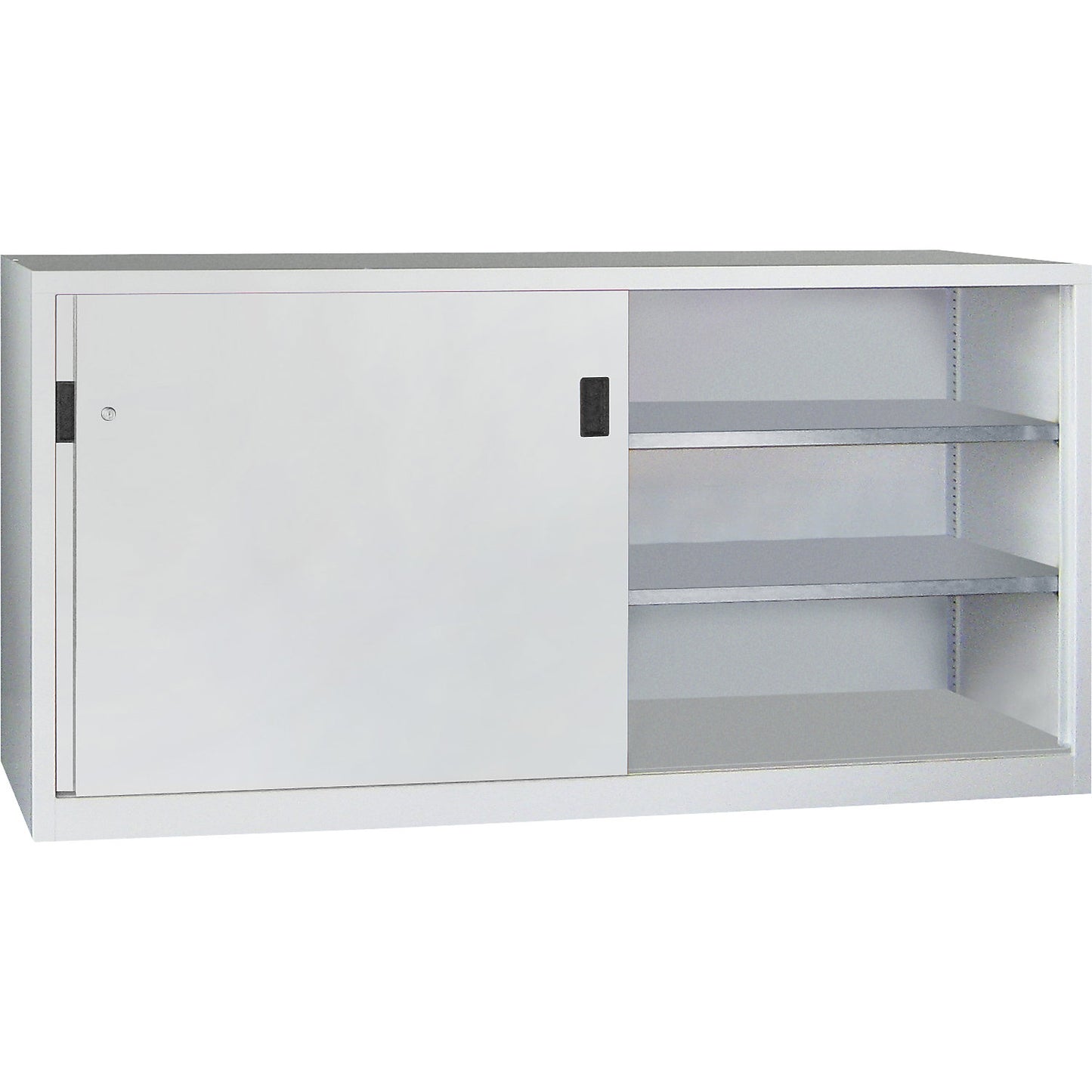 Sliding door cabinet, height 1000 mm, solid sheet metal doors, WxD 2000 x 500 mm, with divider and 2 x 2 shelves, door light grey.