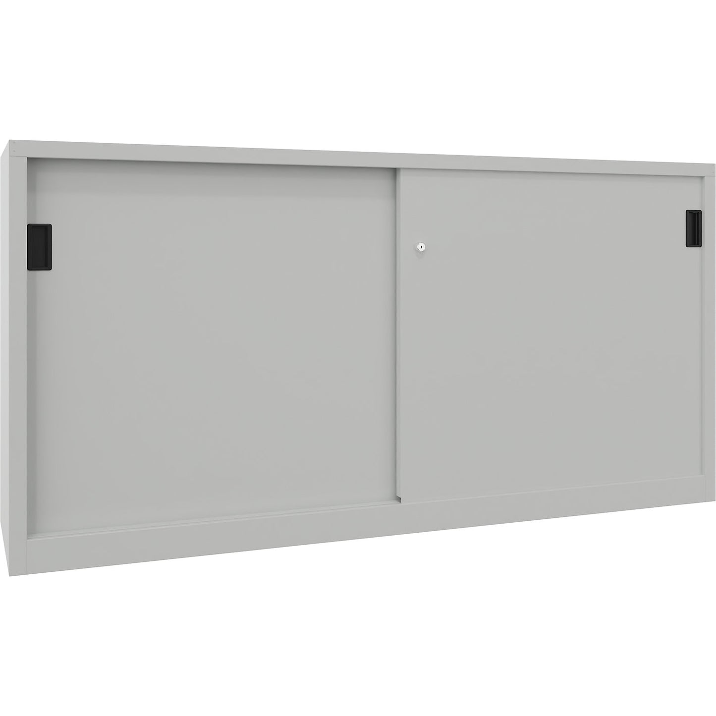 Sliding door cabinet, height 1000 mm, solid sheet metal doors, WxD 2000 x 500 mm, with divider and 2 x 2 shelves, door light grey.