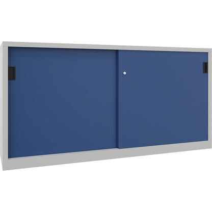Sliding door cabinet, height 1000 mm, solid sheet metal doors, WxD 2000 x 500 mm, with divider and 2 x 2 shelves, door gentian blue.