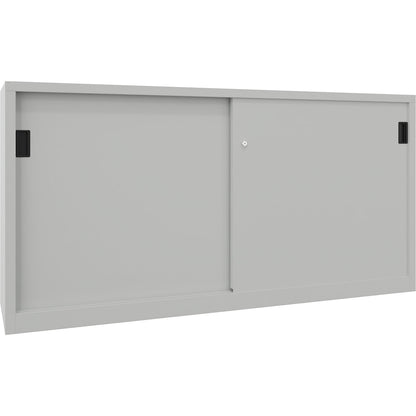 Sliding door cabinet, height 1000 mm, solid sheet metal doors, WxD 2000 x 600 mm, with divider and 2 x 2 shelves, door light grey.