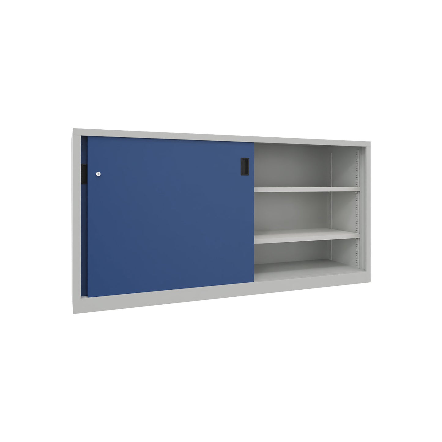 Sliding door cabinet, height 1000 mm, solid sheet metal doors, WxD 2000 x 600 mm, with divider and 2 x 2 shelves, door gentian blue.