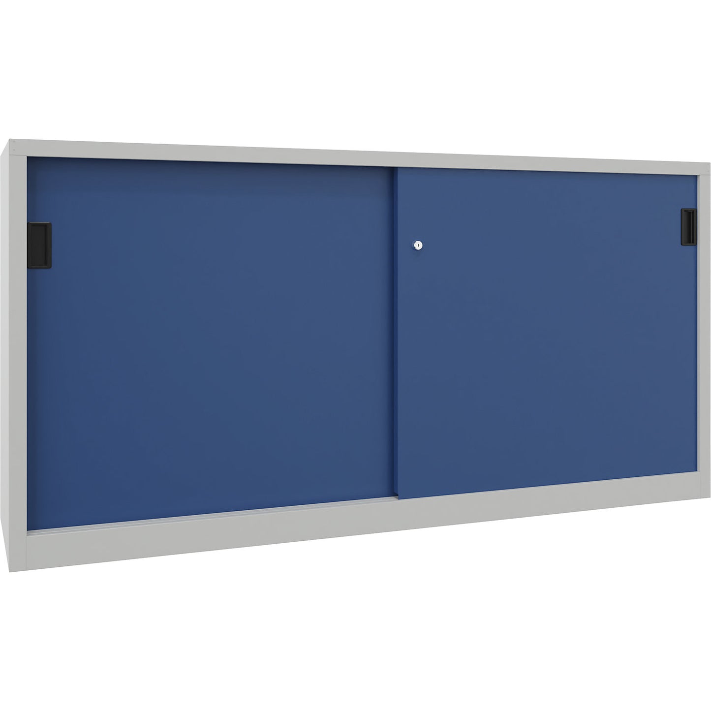 Sliding door cabinet, height 1000 mm, solid sheet metal doors, WxD 2000 x 600 mm, with divider and 2 x 2 shelves, door gentian blue.