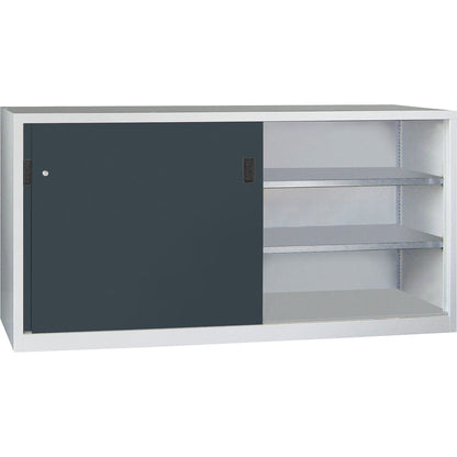 Sliding door cabinet, height 1000 mm, solid sheet metal doors, WxD 2000 x 600 mm, with divider and 2 x 2 shelves, door anthracite.