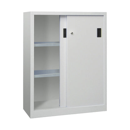 Sliding door cabinet, height 1200 mm, solid sheet metal doors, WxD 1000 x 400 mm, with 2 shelves, door light grey.