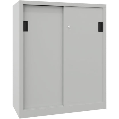 Sliding door cabinet, height 1200 mm, solid sheet metal doors, WxD 1000 x 400 mm, with 2 shelves, door light grey.