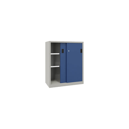 Sliding door cabinet, height 1200 mm, solid sheet metal doors, WxD 1000 x 400 mm, with 2 shelves, door gentian blue.