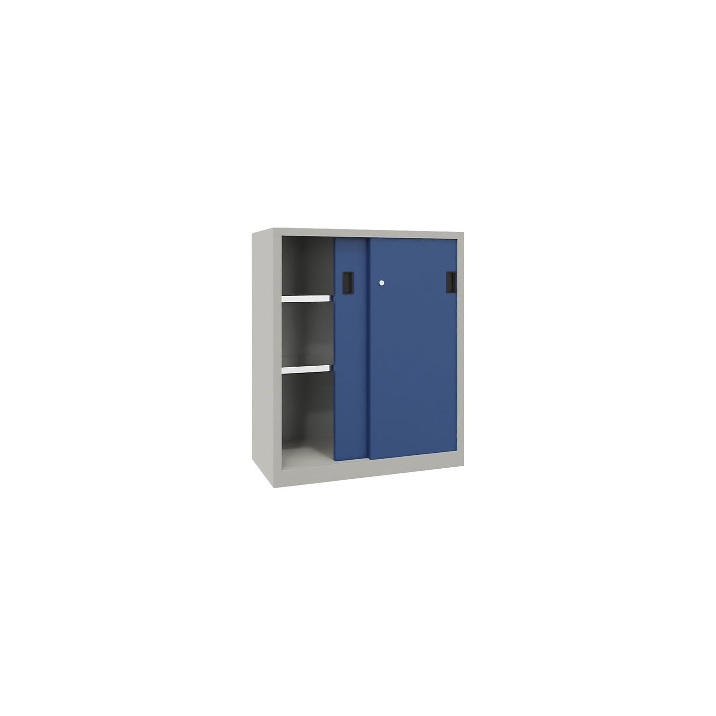 Sliding door cabinet, height 1200 mm, solid sheet metal doors, WxD 1000 x 600 mm, with 2 shelves, door gentian blue.