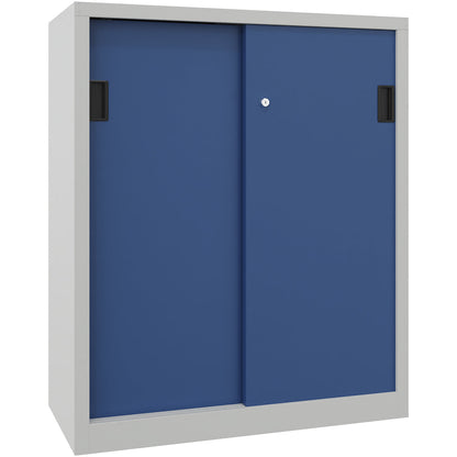 Sliding door cabinet, height 1200 mm, solid sheet metal doors, WxD 1000 x 600 mm, with 2 shelves, door gentian blue.