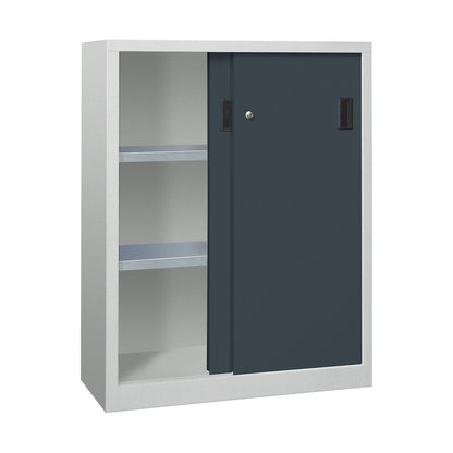 Sliding door cabinet, height 1200 mm, solid sheet metal doors, WxD 1000 x 600 mm, with 2 shelves, anthracite door.