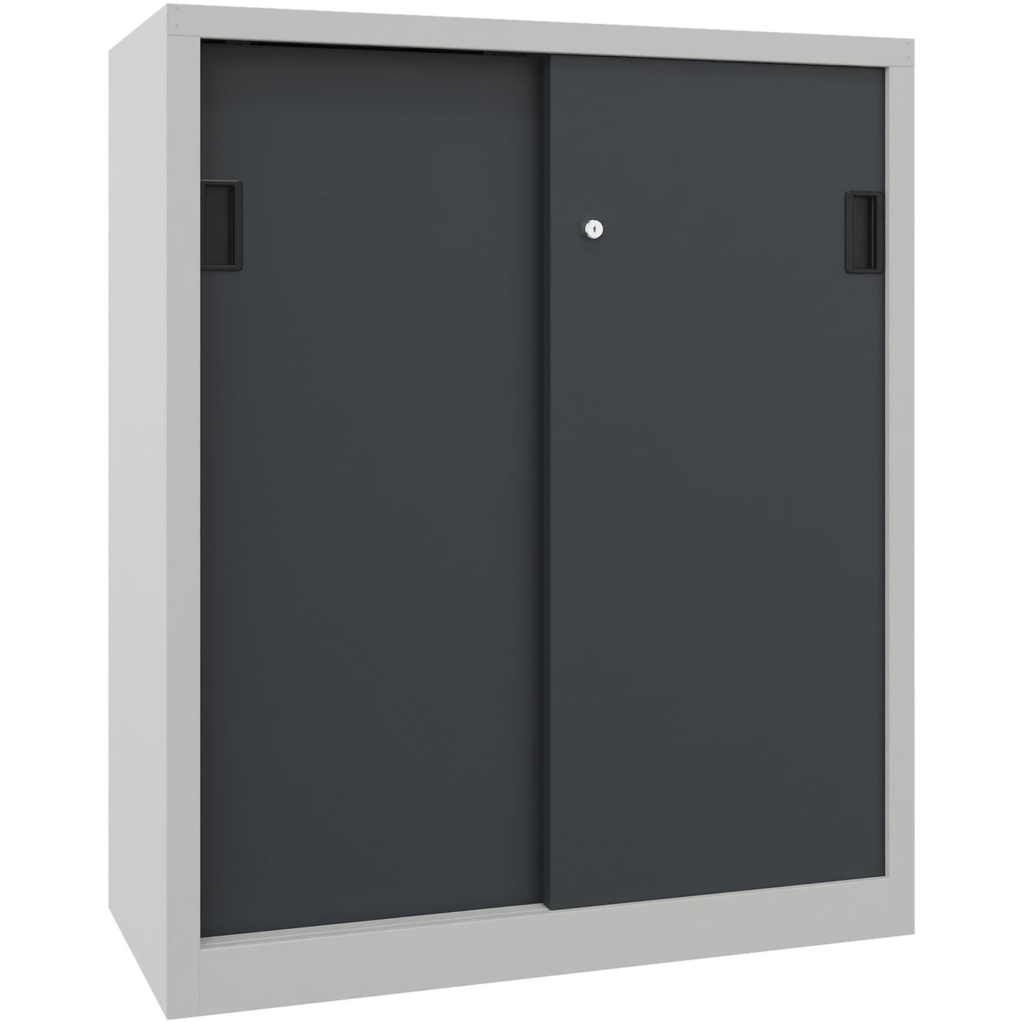 Sliding door cabinet, height 1200 mm, solid sheet metal doors, WxD 1000 x 600 mm, with 2 shelves, anthracite door.