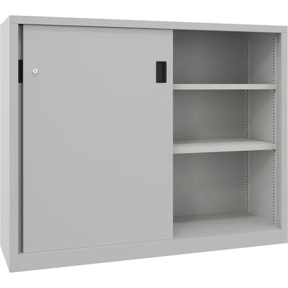 Sliding door cabinet, height 1200 mm, solid sheet metal doors, WxD 1500 x 400 mm, with divider and 2 x 2 shelves, door light grey.