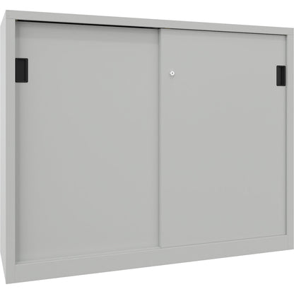 Sliding door cabinet, height 1200 mm, solid sheet metal doors, WxD 1500 x 400 mm, with divider and 2 x 2 shelves, door light grey.