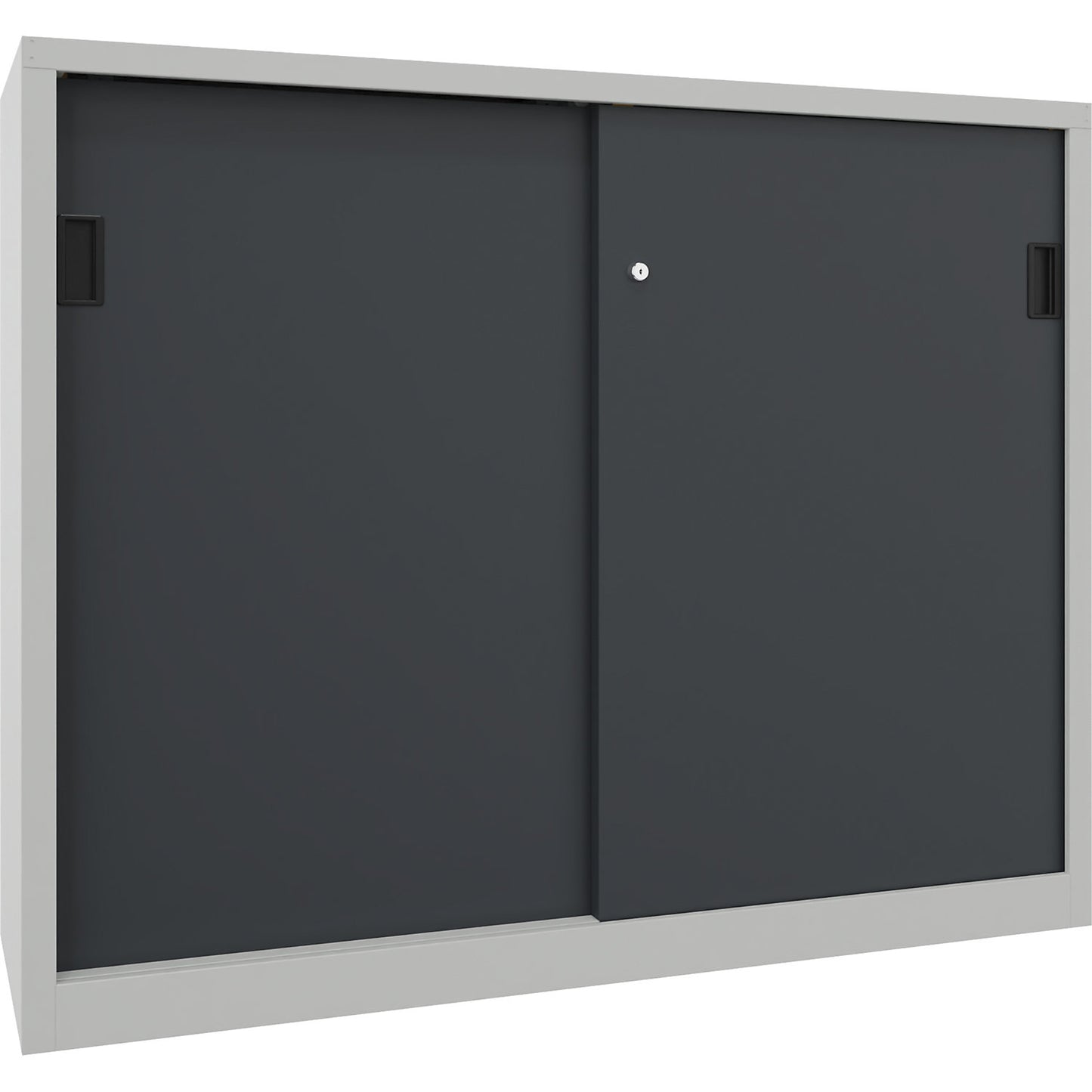 Sliding door cabinet, height 1200 mm, solid sheet metal doors, WxD 1500 x 400 mm, with divider and 2 x 2 shelves, anthracite door.