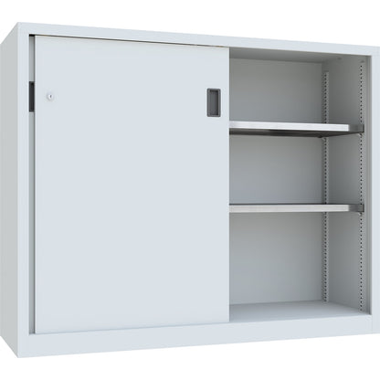 Sliding door cabinet, height 1200 mm, solid sheet metal doors, WxD 1500 x 500 mm, with divider and 2 x 2 shelves, door light grey.