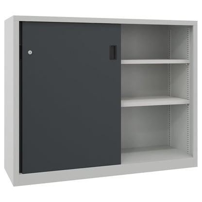 Sliding door cabinet, height 1200 mm, solid sheet metal doors, WxD 1500 x 500 mm, with divider and 2 x 2 shelves, door anthracite.