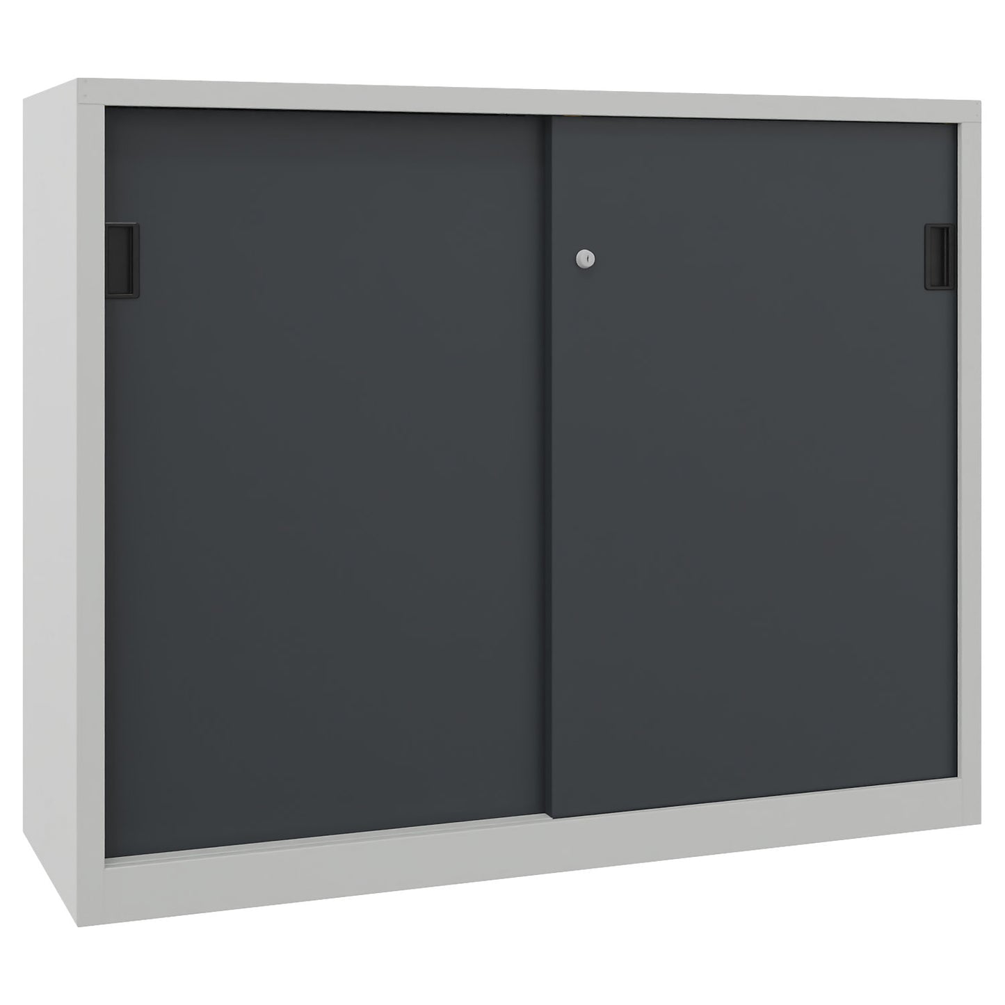 Sliding door cabinet, height 1200 mm, solid sheet metal doors, WxD 1500 x 500 mm, with divider and 2 x 2 shelves, door anthracite.