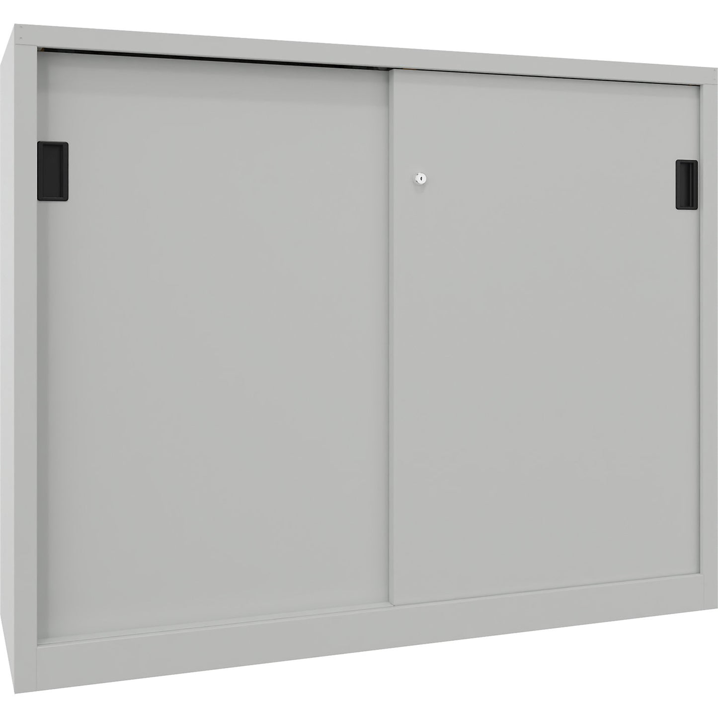 Sliding door cabinet, height 1200 mm, solid sheet metal doors, WxD 1500 x 600 mm, with divider and 2 x 2 shelves, door light grey.