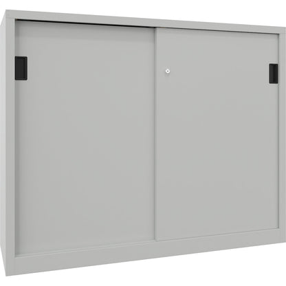Sliding door cabinet, height 1200 mm, solid sheet metal doors, WxD 1500 x 600 mm, with divider and 2 x 2 shelves, door light grey.