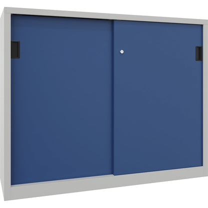 Sliding door cabinet, height 1200 mm, solid sheet metal doors, WxD 1500 x 600 mm, with divider and 2 x 2 shelves, door gentian blue.
