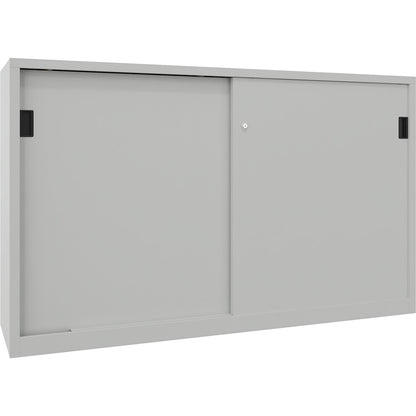Sliding door cabinet, height 1200 mm, solid sheet metal doors, WxD 2000 x 400 mm, with divider and 2 x 2 shelves, door light grey.