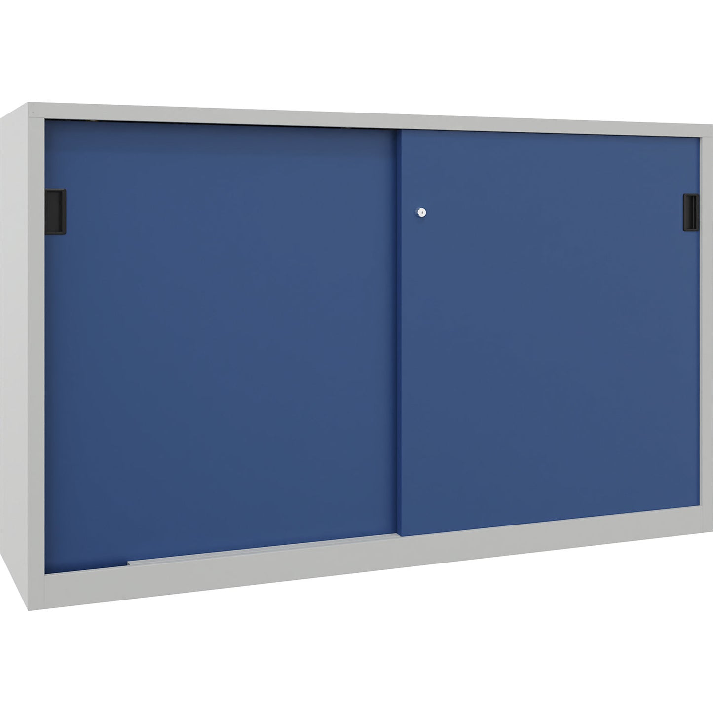 Sliding door cabinet, height 1200 mm, solid sheet metal doors, WxD 2000 x 400 mm, with divider and 2 x 2 shelves, door gentian blue.