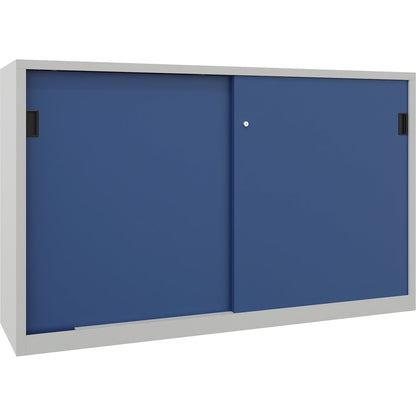 Sliding door cabinet, height 1200 mm, solid sheet metal doors, WxD 2000 x 400 mm, with divider and 2 x 2 shelves, door gentian blue.