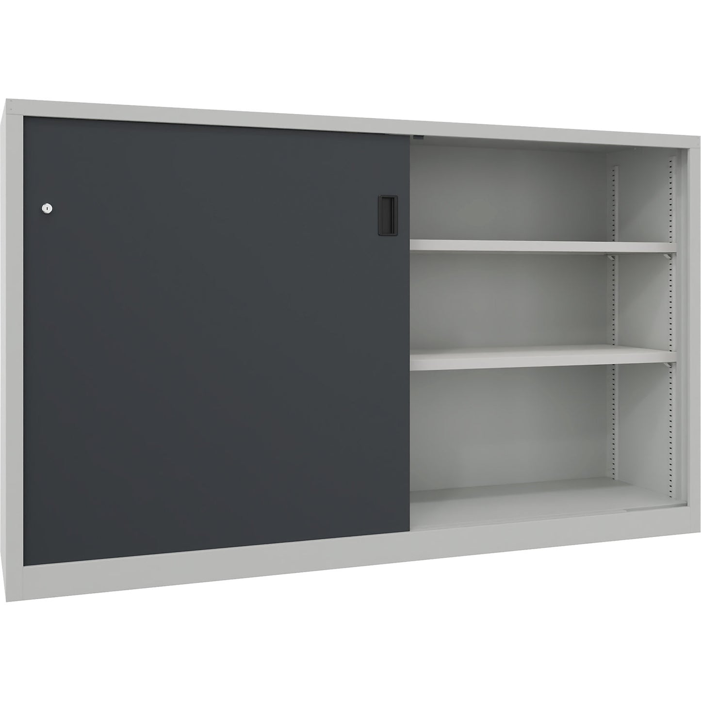 Sliding door cabinet, height 1200 mm, solid sheet metal doors, WxD 2000 x 500 mm, with divider and 2 x 2 shelves, anthracite door.