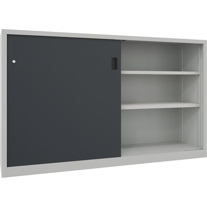 Sliding door cabinet, height 1200 mm, solid sheet metal doors, WxD 2000 x 500 mm, with divider and 2 x 2 shelves, anthracite door.