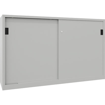 Sliding door cabinet, height 1200 mm, solid sheet metal doors, WxD 2000 x 600 mm, with divider and 2 x 2 shelves, door light grey.