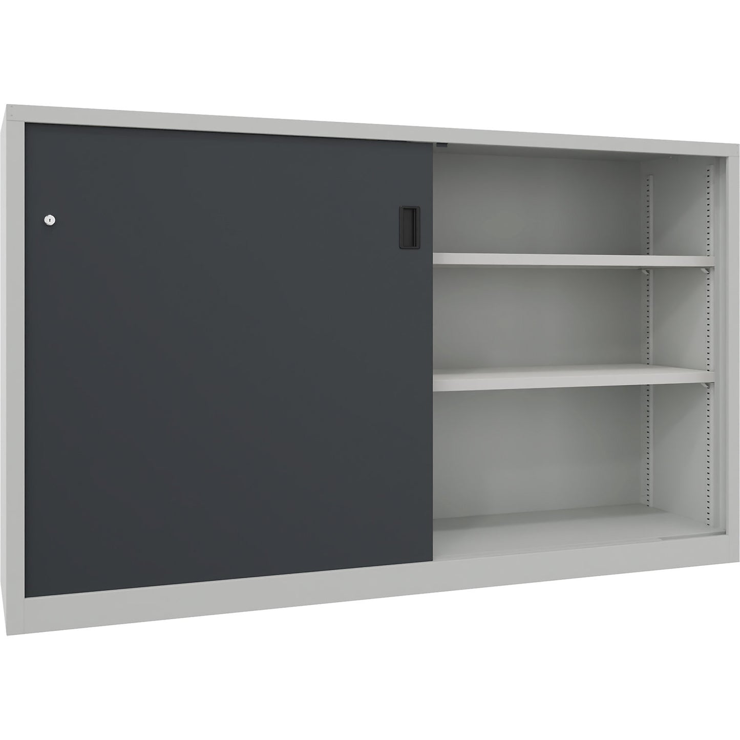 Sliding door cabinet, height 1200 mm, solid sheet metal doors, WxD 2000 x 600 mm, with divider and 2 x 2 shelves, door anthracite.