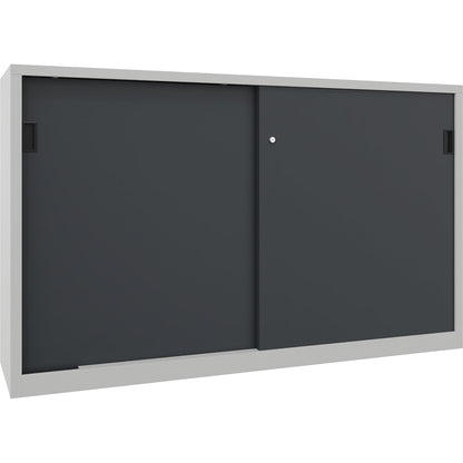 Sliding door cabinet, height 1200 mm, solid sheet metal doors, WxD 2000 x 600 mm, with divider and 2 x 2 shelves, door anthracite.