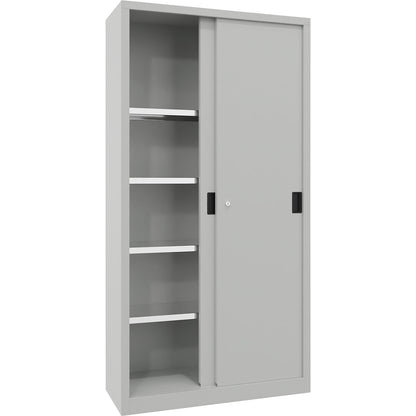 Sliding door cabinet, height 1950 mm, solid sheet metal doors, WxD 1000 x 400 mm, with 4 shelves, door light grey.