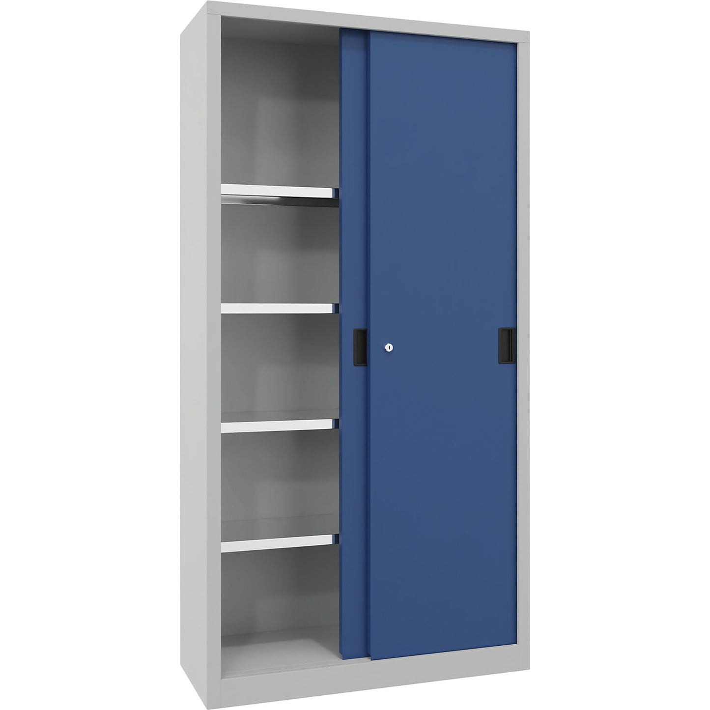 Sliding door cabinet, height 1950 mm, solid sheet metal doors, WxD 1000 x 400 mm, with 4 shelves, door gentian blue.