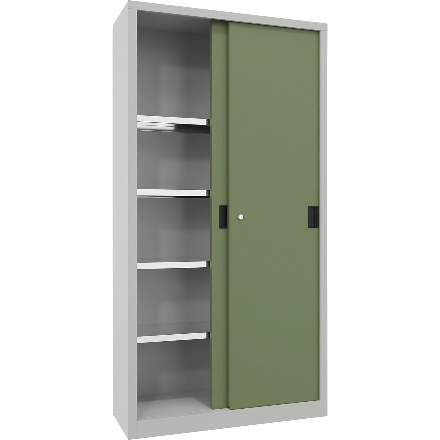 Sliding door cabinet, height 1950 mm, solid sheet metal doors, WxD 1000 x 400 mm, with 4 shelves, door reseda green.