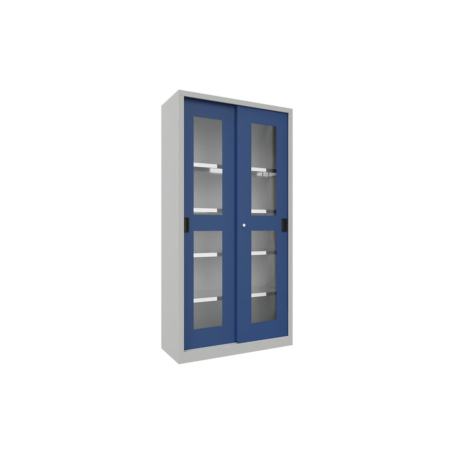 Sliding door cabinet, height 1950 mm, glazed doors, WxD 1000 x 400 mm, with 4 shelves, door gentian blue.