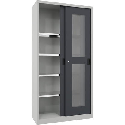 Sliding door cabinet, height 1950 mm, glazed doors, WxD 1000 x 400 mm, with 4 shelves, anthracite door.