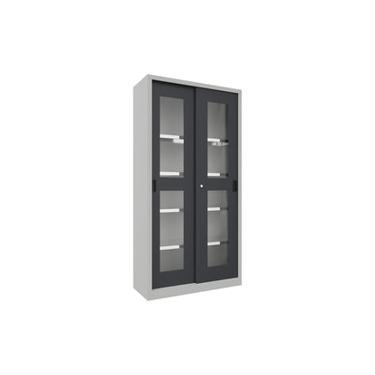 Sliding door cabinet, height 1950 mm, glazed doors, WxD 1000 x 400 mm, with 4 shelves, anthracite door.