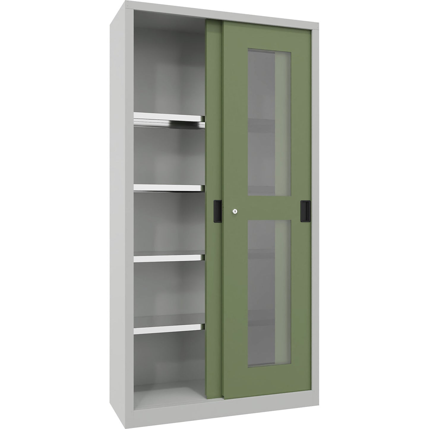 Sliding door cabinet, height 1950 mm, glazed doors, WxD 1000 x 400 mm, with 4 shelves, door reseda green.