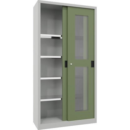 Sliding door cabinet, height 1950 mm, glazed doors, WxD 1000 x 400 mm, with 4 shelves, door reseda green.