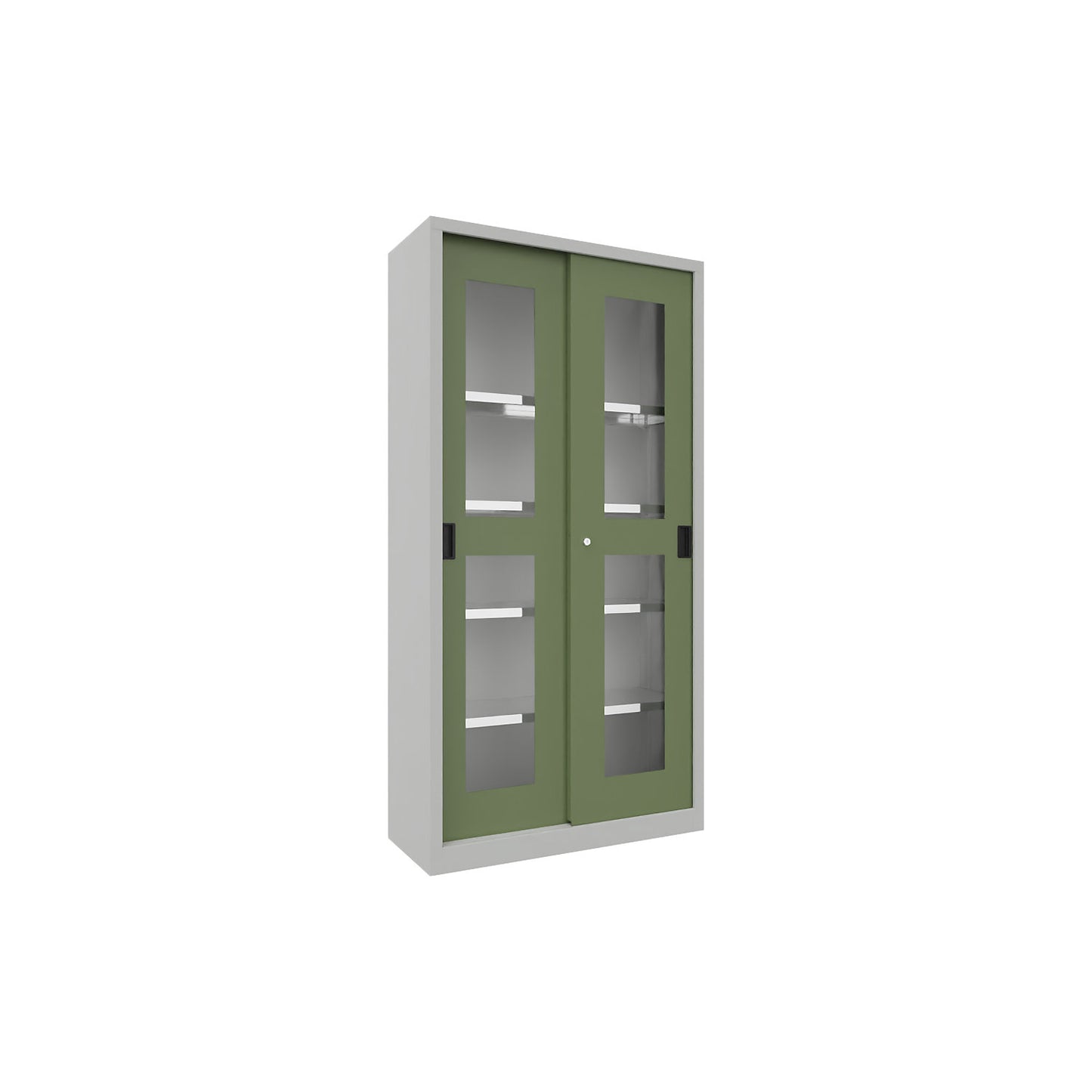 Sliding door cabinet, height 1950 mm, glazed doors, WxD 1000 x 400 mm, with 4 shelves, door reseda green.